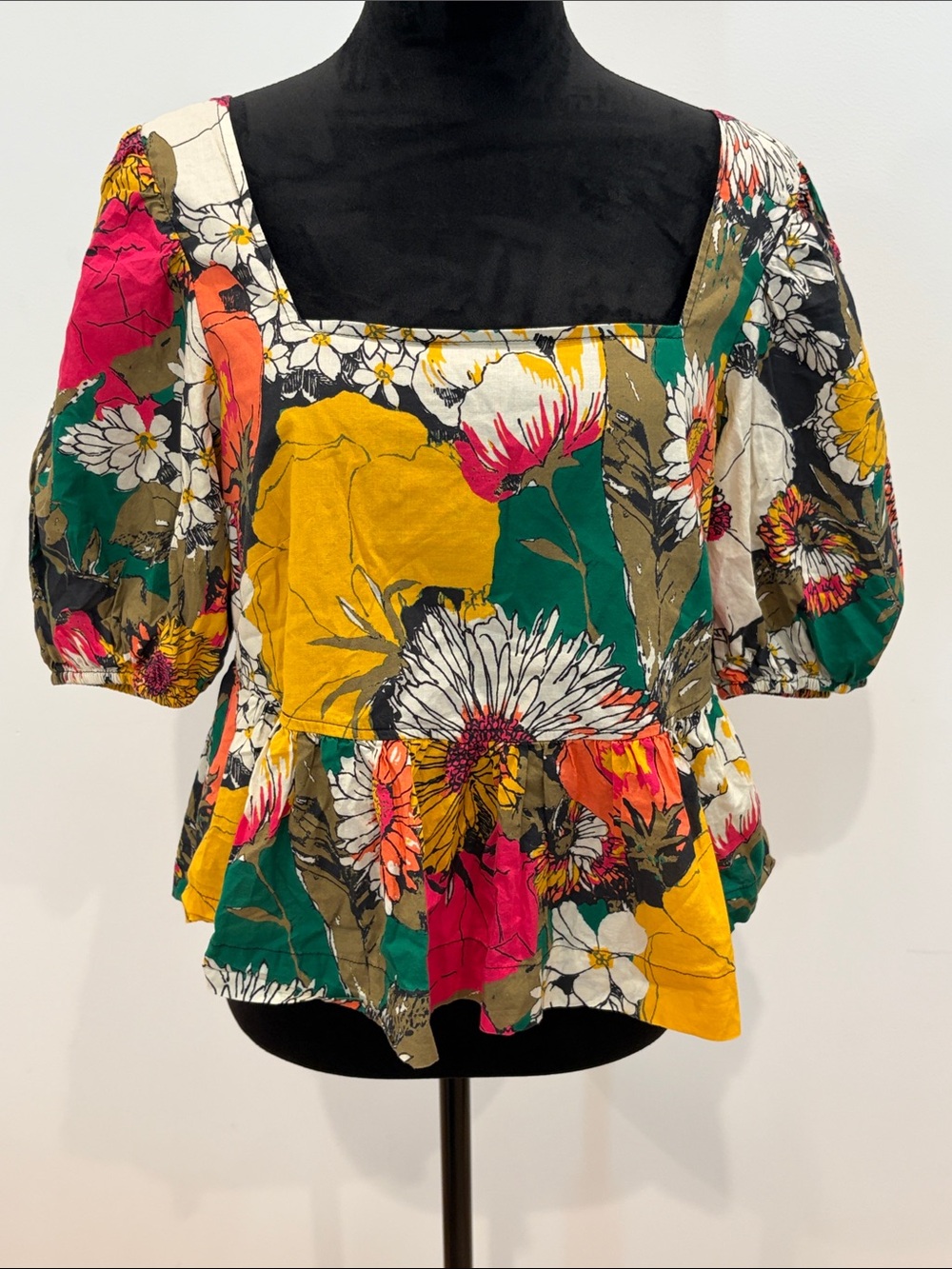 MOTHER Square-Neck Puff Sleeve Floral Top